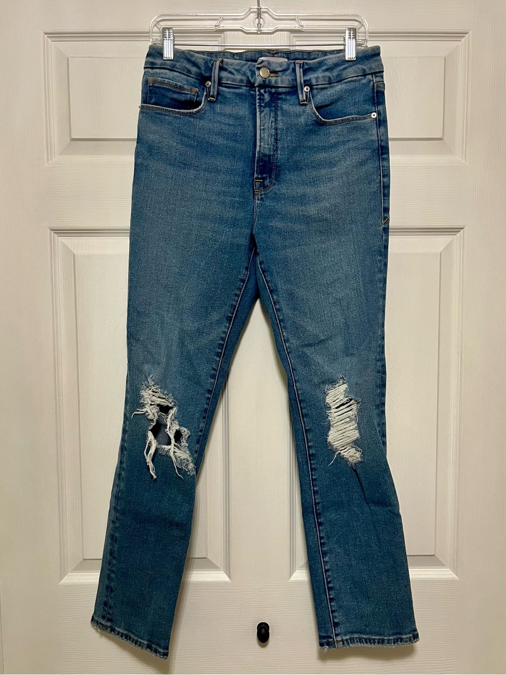 Good American High Rise Slim Straight Distressed Blue Jeans Size 8